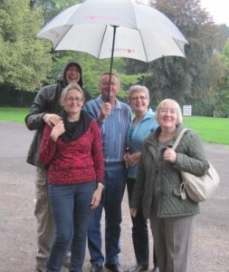 Waiting in the rain at the Village Hall